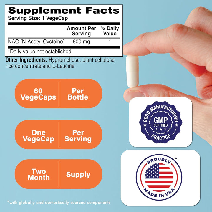 NAC N-Acetyl-Cysteine 600Mg 60 Vegecaps | the Purest, Most Powerful NAC Supplement | Supports Healthy Lung & Liver Functions | Maintains Overall Cellular Health - Vegan, Soy Free & Gluten Free