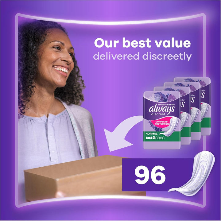 Incontinence Pads Women, Normal, Absorbency 3 or 4, 96 Sanitary Towels (24 X 4 Packs), Complete Protection for Bladder Weakness Pads Women, Odour Neutraliser