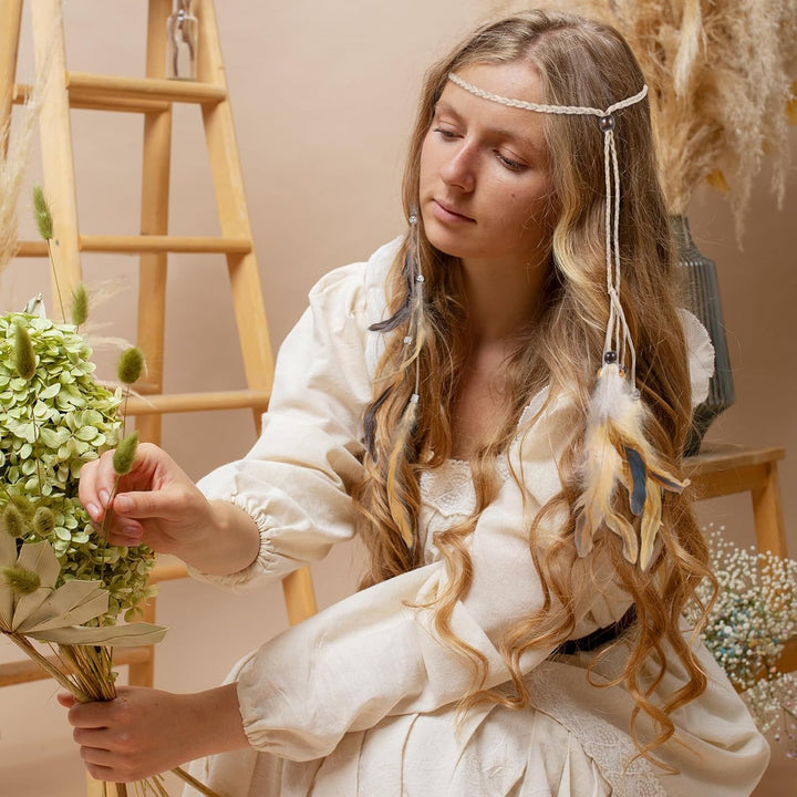 9Pcs Feather Headband with Clip - Boho Hippie Hair Extensions and Headpiece Set with Comb for Women
