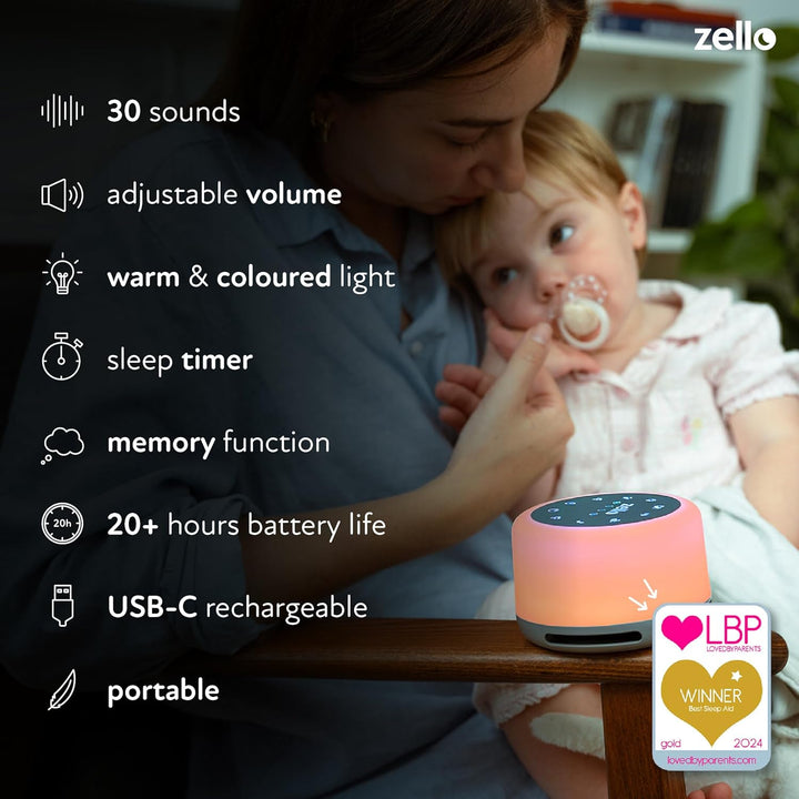 Award Winning Zello Original White Noise Machine Baby White Noise Sound Machine for Adults Kids Baby 30 Soothing Sounds 7 Colour Night Light Memory Function Rechargeable Sleep Timer Baby Sleep Aid