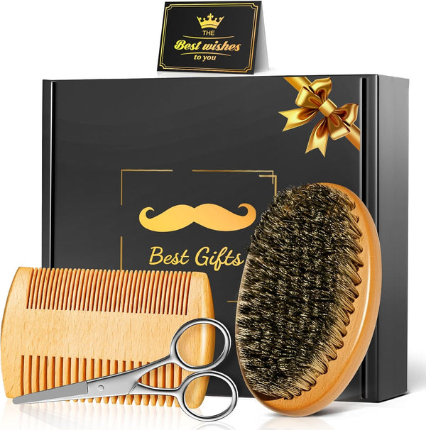 Stocking Fillers for Men, Christmas Gifts for Men Him, Birthday Gifts for Mens Dad Husband Boyfriend,  Beard Brush Grooming Kit with Brush Comb Scissors, Grandad Daddy Step Dad Xmas Presents