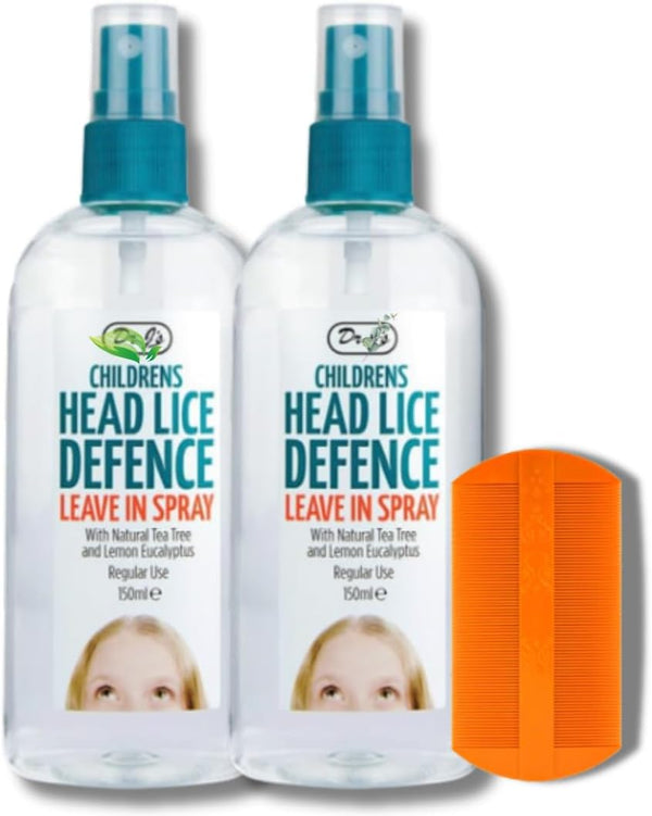 Dr J'S Children'S Head Lice Defence Leave in Spray 150Ml (2 Pack) + Premium Nit Comb | Natural Tea Tree & Lemon Eucalyptus | Daily Lice Prevention & Hair Care | Colours May Vary | Headlice Prevention