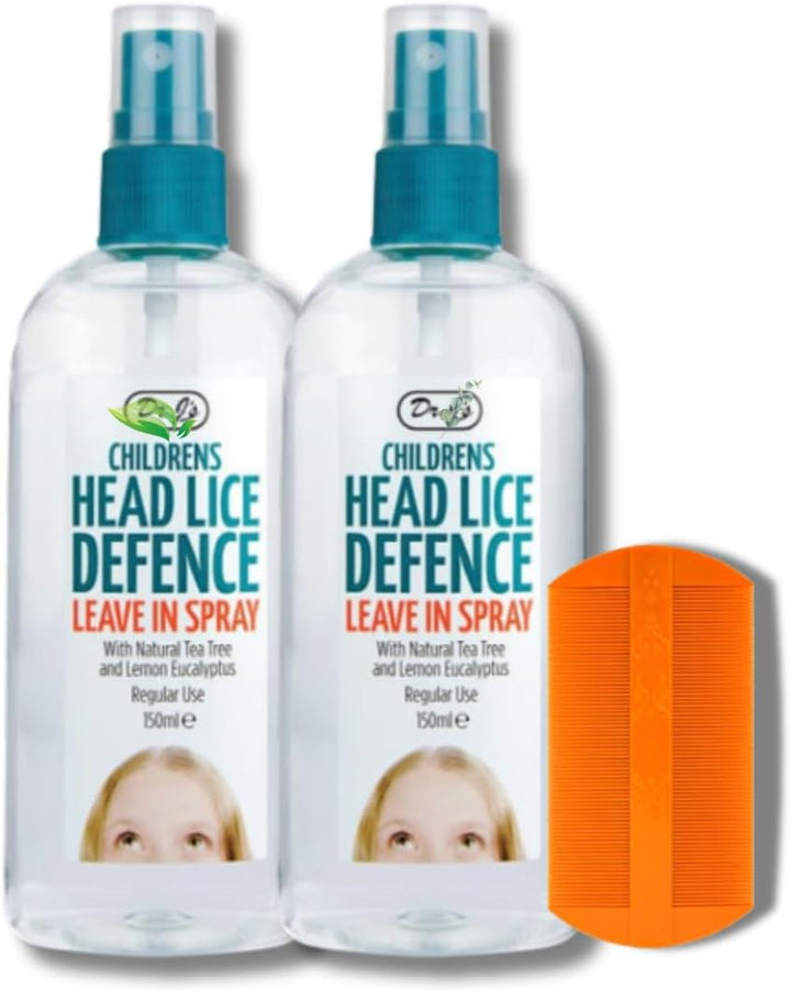 Dr J'S Children'S Head Lice Defence Leave in Spray 150Ml (2 Pack) + Premium Nit Comb | Natural Tea Tree & Lemon Eucalyptus | Daily Lice Prevention & Hair Care | Colours May Vary | Headlice Prevention