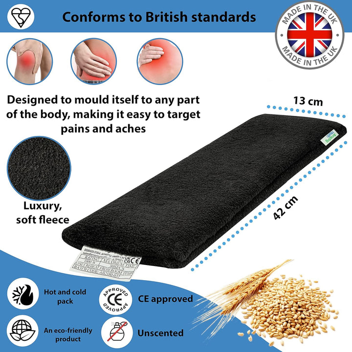 Unscented Wheat Bags Microwavable Heat Pack - Soft Black Fleece, Made in UK, 42Cm Long, Heat Pad for Pain Relief