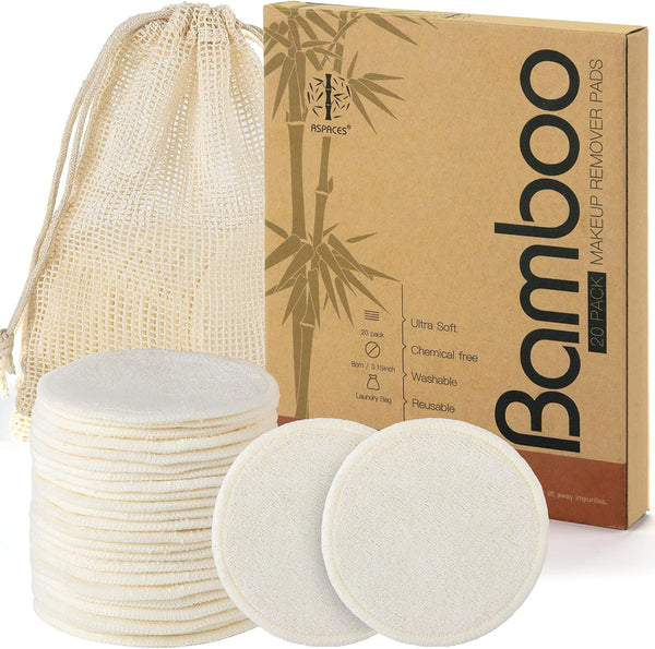 Reusable Makeup Remover Pads - 20 Packs Natural Bamboo Cotton Rounds Eco-Friendly for All Skin Types with Cotton Laundry Bag, White