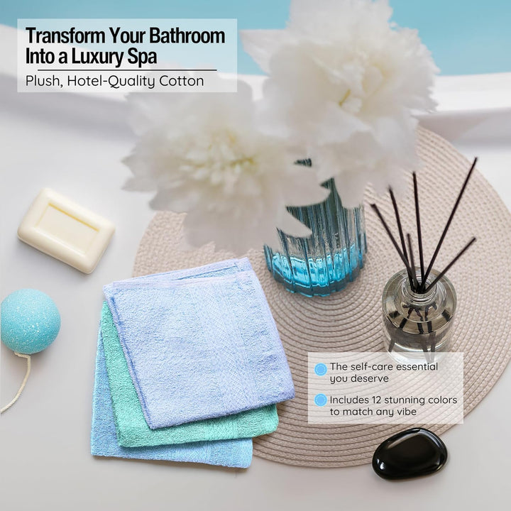 Cotton Washcloths 12 Pack - 33 X 33 CM - Multicolor Absorbent & Soft Washcloths - 100% Ring Spun Cotton Fingertip Towels