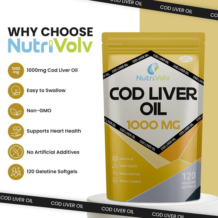 Cod Liver Oil High Strength 1000Mg Heart, Brain and Joint Healthcare Supplements, Natural Rich Source of Omega 3 Fatty Acids | 120 Capsules