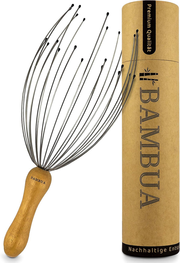 Head Massager Scalp with 24 Fingers - Bamboo Handle - Premium Head Scratcher for Sustainable Relaxation - Scalp Massager for a Pleasant Massage