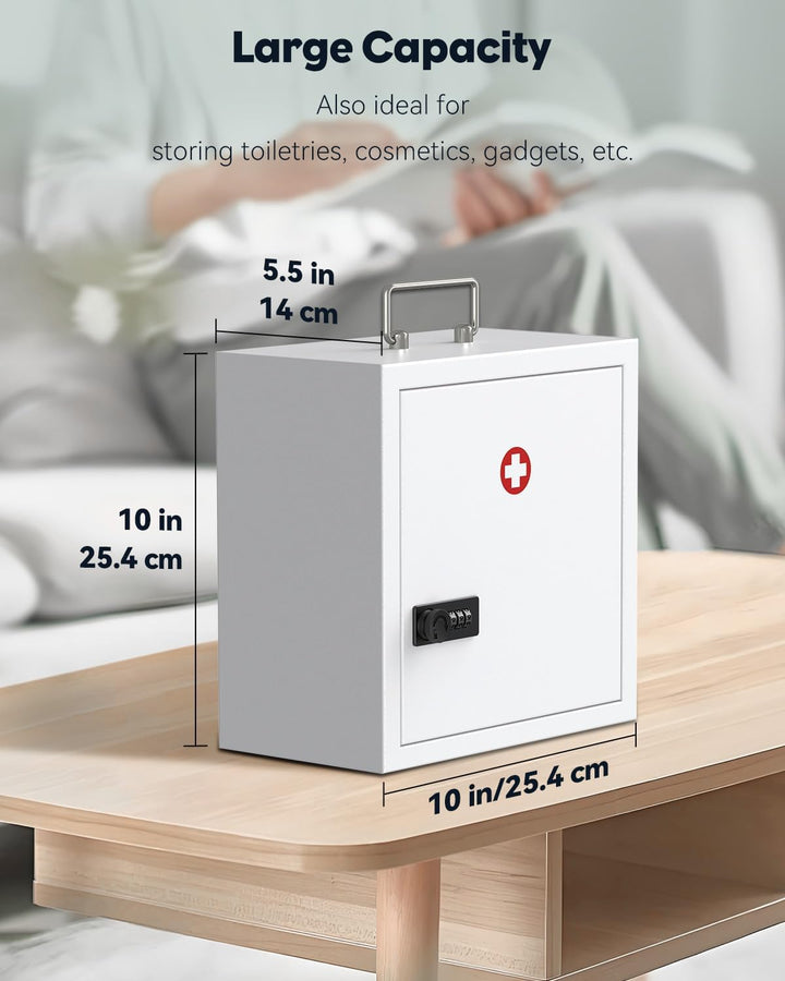 Wall Mount Medicine Cabinet with Combination Lock & Handle Locking First Aid Lockable Medical Safe Storage Box Medium Medicine Organizer Secure Steel Wall Cabinet Metal Storage Box