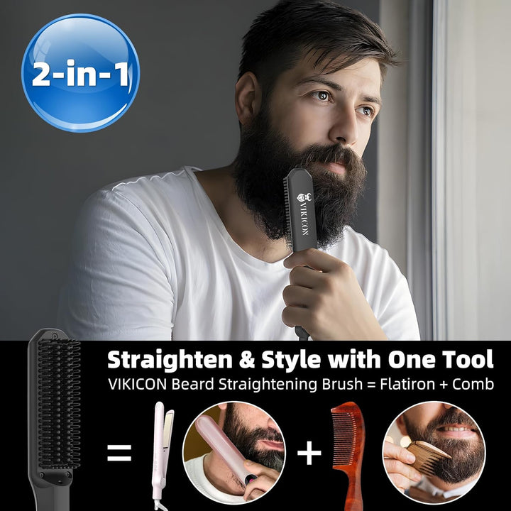 Beard Straightener Comb for Men, Professional Beard Hair Straightening Heated Brush W/Anti-Scald, 3 Temperatures & LCD Display, Portable Ionic Hot Comb with Travel Bag, Gifts for Men