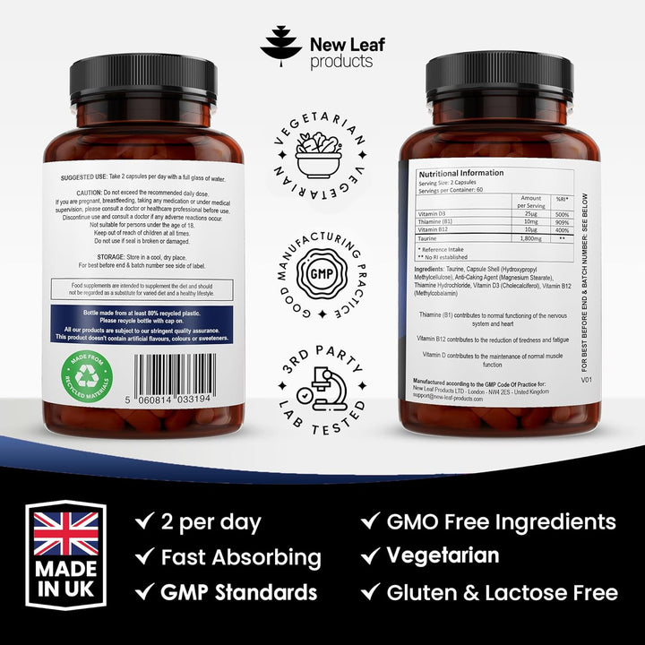 Taurine Supplement - High Strength 1800Mg Capsules Enriched with Vitamins B1, B12 & Vitamin D3-120 Amino Acids Capsules - Vegetarian Made in the UK by New Leaf