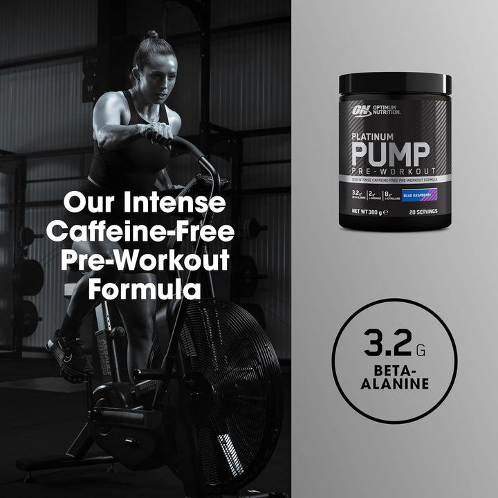on Platinum Pump Pre-Workout, Intense Caffeine-Free Pre-Workout Food Supplement with Fruitflow, Beta-Alanine, L-Arginine, L-Citrulline, Blue Raspberry Flavour, 20 Servings, 380 G