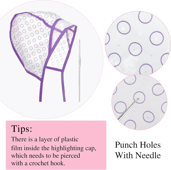 12 Pcs 4 Sets of Highlight Cap with Hooks, Hair Highlighting Caps, Highlight Hair Coloring Frosting Dye Kit for Salon Hair Dyeing Hairdressing (Purple+Pink)