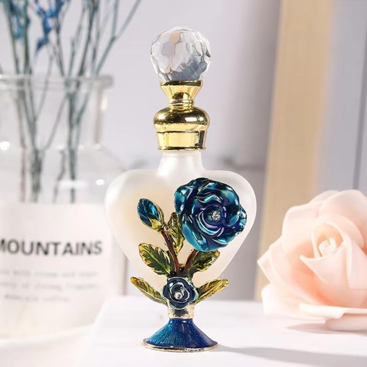 Decorative Refillable Empty Bottles,Metal Base Heart-Shaped Rose Essential Oil Glass Bottle for Home Decor (Style 1)