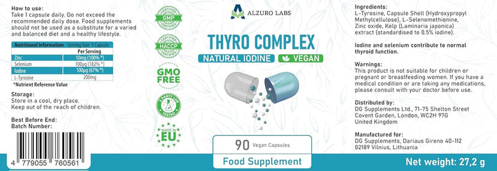 Thyro Complex with Natural Iodine | 90 Vegan Capsules | High Strength Thyroid Support | 3Rd Party Lab Tested | GMP | Gluten & GMO Free
