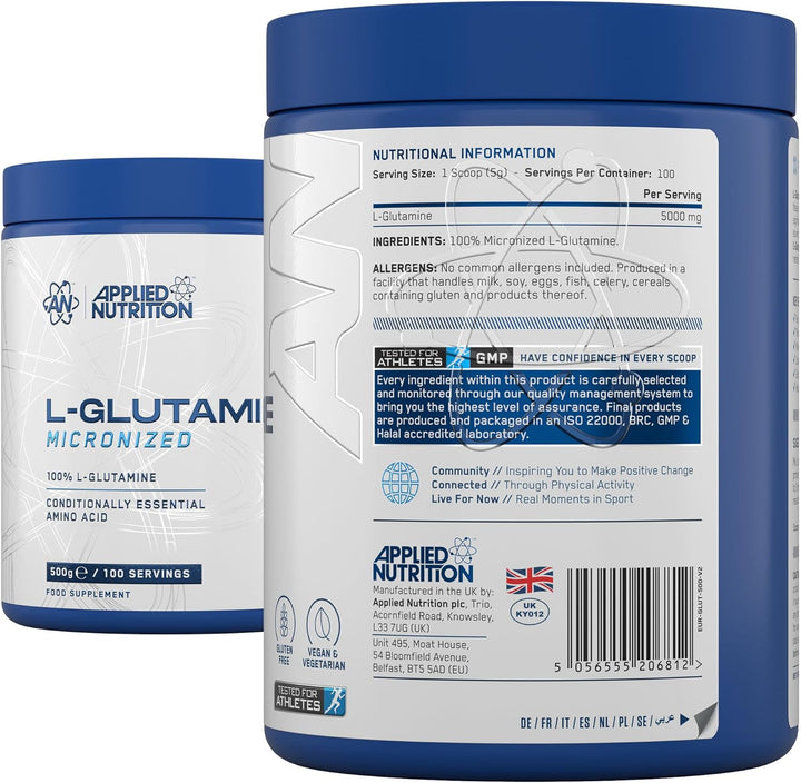 L Glutamine Powder - Amino Acid, Muscle Strength & Recovery, Boosts Immune System, Unflavoured (500G - 100 Servings)