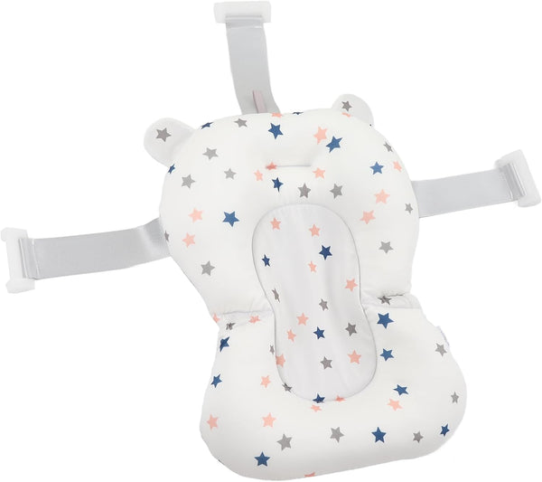 Floating Baby Bath Seat Cushion, Newborn Tub Supporter with Safety Belts Adjustable Foldable, Baby Bath Seat Cushion, 3 Snap Safety Belts for Infant Newborn (White Stars)