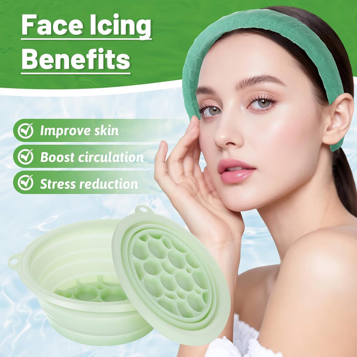 Silicone Ice Bowl for Face with Hairband,Collapsible Facebowl with Built-In Icetray,Washbowls for Facial Ice Bath,Portable Silicone Wash Basin for Facial Cleansing & Beauty,Home Travel Use(Green)