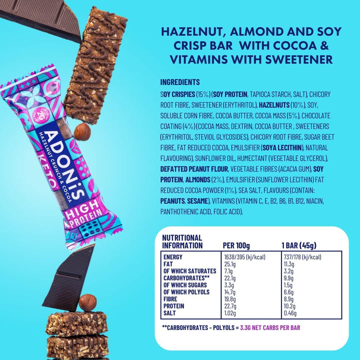 Hazelnut Crunch & Cocoa High Protein Keto Bars (16X45G) | Vegan & Keto-Friendly | 100% Natural Keto Snacks | Sugar Free, Palm Oil Free, Dairy Free | Low Sugar & Low Carb | Ideal for a Keto Diet