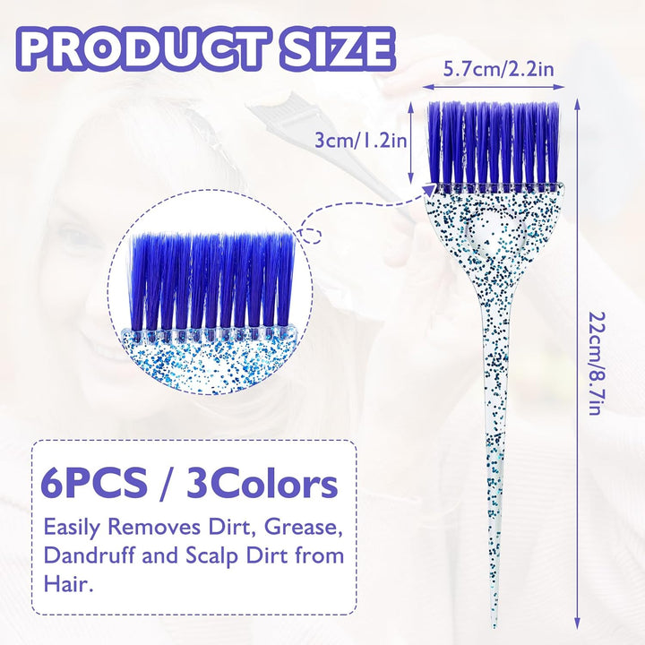 6-Piece Hair Dye Brush Set - Soft Bristle Tint Brushes with Glitter Handle for DIY Salon Hair Dyeing, 3 Colors