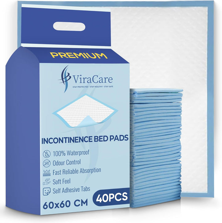 40 X Premium Incontinence Bed Pads | 60 X 60 Cm | Incontinence Bed Sheets | Disposable Mattress Protector | Self Adhesive Tabs | Absorbent Pads | (1 Pack of 40)