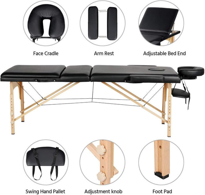 Portable Massage Table Folding Spa Beauty Bed Lightweight Tattoo Therapy Couch Wooden 60 Cm Width 3 Section Black