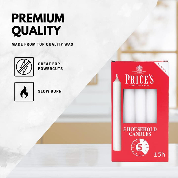 Price'S - Household Candles - Pack of 5 - Unscented - 5 Hour Burn Time - Premium White Wax