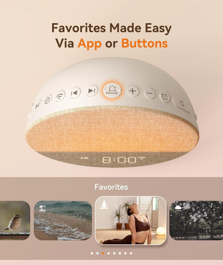 Sunrise Alarm Clock Wake-Up Light with App Control, Sunset Sleep Feature, 34 Soothing Sounds, Mood Lights, Custom Routines, Favourites Mode, Sound Machine for Adults & Baby, Bedroom & Gift