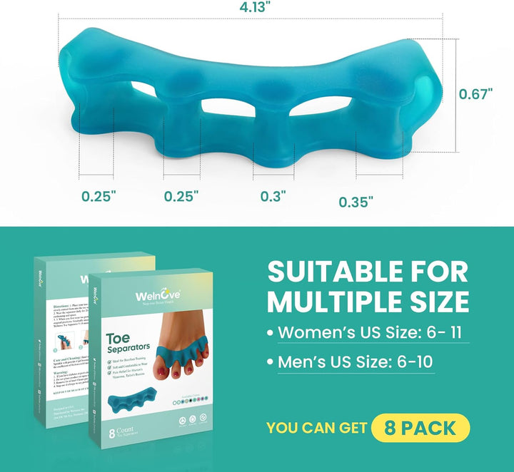 8 Pack Toe Separators, Bunion Corrector for Women/Men, Toe Spacers, Foot Alignment - Dividers to Correct Bunions, Hammertoes, Relief Restore Feet (Blue)