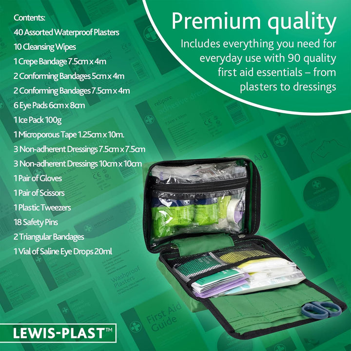 Lewis-Plast Premium First Aid Kit for Home Car Holiday and Workplace - Includes Bandages, Eye Pods, Ice Packs and Essentials for Everyday Situations, 90 Count (Pack of 1)