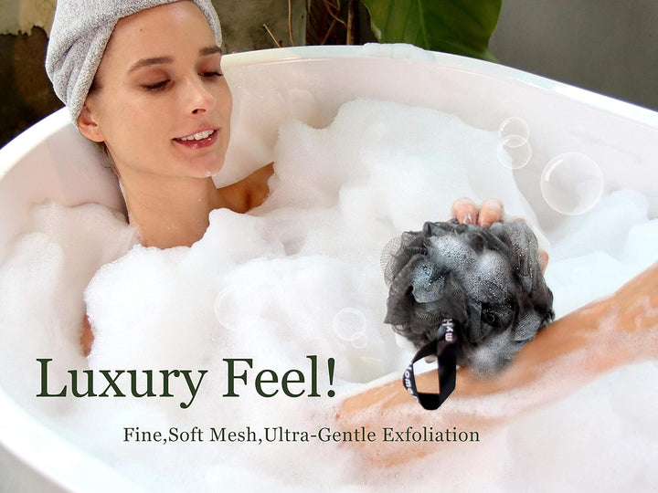 Large 70G Loofah Sponge, Bath Body Scrubber for Women, Men, Exfoliating Shower Pouf with Activated Charcoal - 2 Graphite Gray + 1 Sage Green, 3 Pack
