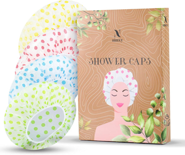 Nimxy Pack of 4 Shower Cap, Reusable Shower Caps for Women & Men - Waterproof with Elastic Band & Soft Lining (Dotted)