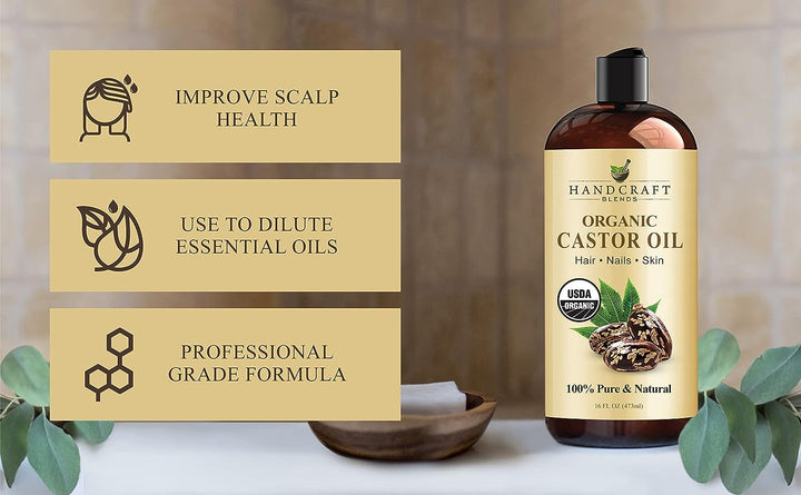 Organic Castor Oil - 473 Ml - 100% Pure and Natural - Premium Grade Carrier Oil for Hair Growth, Eyelashes and Eyebrows - Hair and Body - Expeller-Pressed & Hexane-Free
