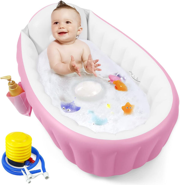 Inflatable Baby Bath Tub, Portable Toddler Bath Tub, Infant Baby Bathtub with Air Pump, Foldable Non-Slip Travel Baby Bath Mini Air Swimming Pool for Newborn (Pink)