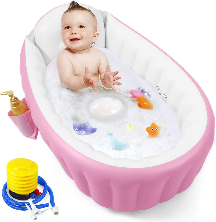 Inflatable Baby Bath Tub, Portable Toddler Bath Tub, Infant Baby Bathtub with Air Pump, Foldable Non-Slip Travel Baby Bath Mini Air Swimming Pool for Newborn (Pink)