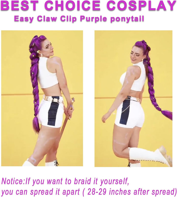 Long Purple Hair Extensions Synthetic Fiber Braid Cosplay Purple Braiding Hair 24 INCH Easy Claw Clip Ponytail Extension for Cosplay Halloween Costume (Purple, 24 Inch)