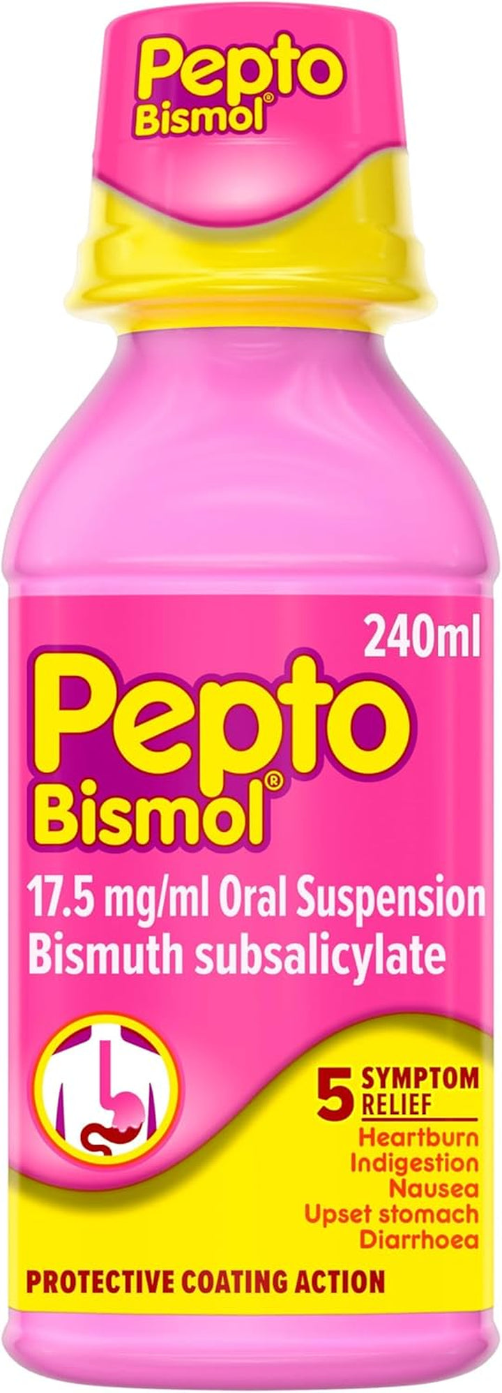 Pepto-Bismol for Nausea, Heartburn, Indigestion, Upset Stomach and Diarrhoea Relief, 5 Symptom Relief, 240Ml