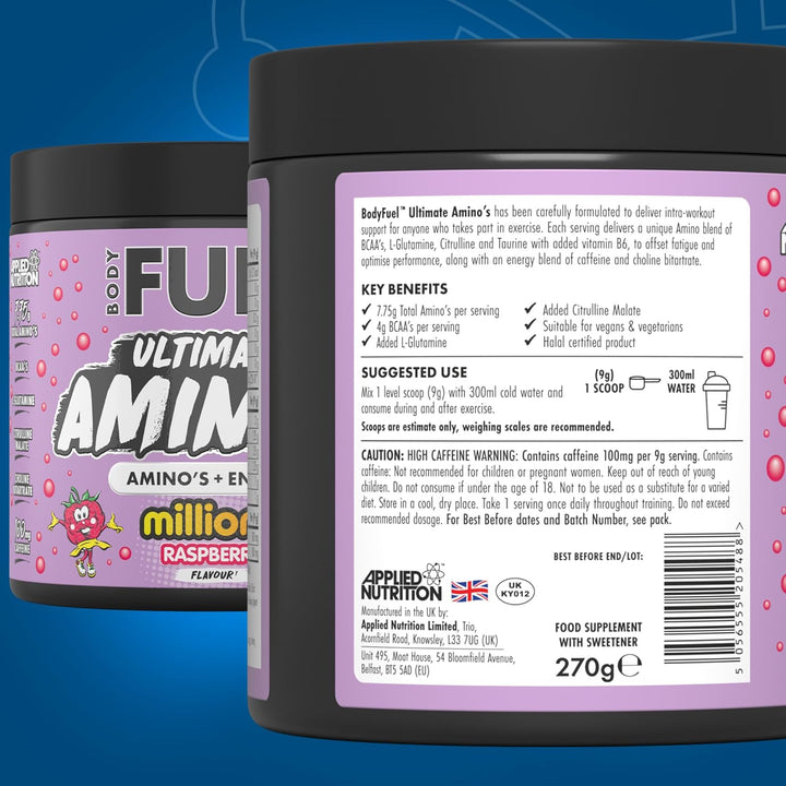 Bodyfuel Amino'S - Amino Acids Supplement, EAA Essential Amino Acids Powder, Muscle Fuel & Recovery (270G - 30 Servings) (Millions Raspberry)