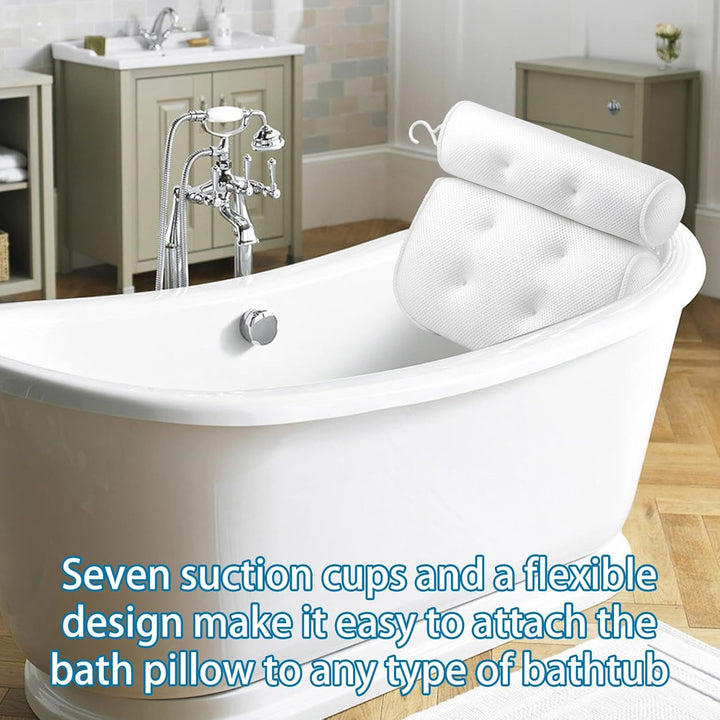 Bath Pillows for Head and Neck, Waterproof Bath Cushion with 6 Suction Cups, Soft Bathtub Pillow for Relaxing Bath, Fits Most Bathtubs (White, 35X33X5Cm)
