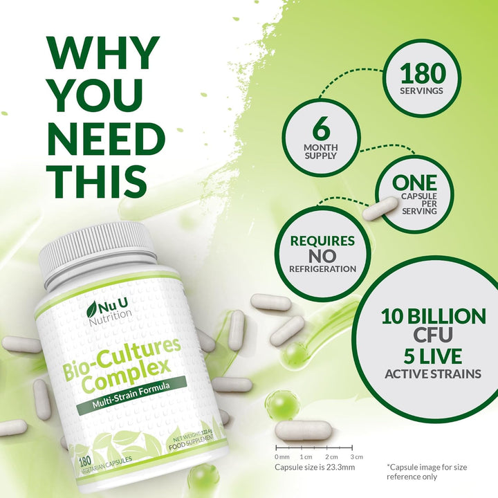 Bio-Cultures Complex - 180 High Strength Capsules - Lactobacillus Acidophilus, Rhamnosus & Bifidobacterium - 6 Month Supply - Gentle Vegetarian Multi-Strain Formula for Men & Women -