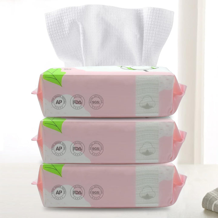 Cotton Tissue - 00% US Cotton Dry Baby Wipes, Soft Disposable Face Towels for Makeup Removing, Sensitive Skin - Portable (3 Pack, 80 Counts)