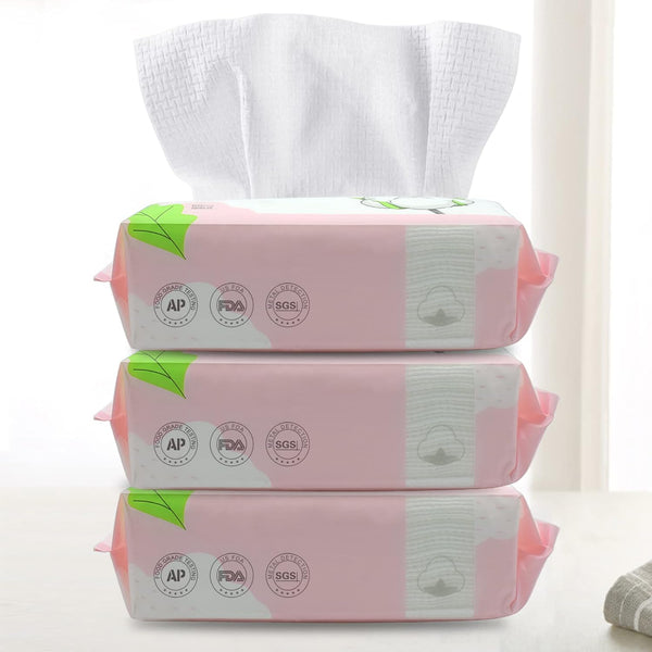 Cotton Tissue - 00% US Cotton Dry Baby Wipes, Soft Disposable Face Towels for Makeup Removing, Sensitive Skin - Portable (3 Pack, 80 Counts)