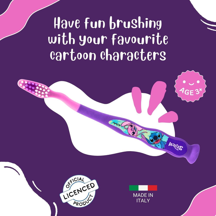 Disney Stitch Little Teeth Toothbrush for Kids with Protection Cap, Soft Rounded Bristles, Comfortable Handle Grip and Suction Cup for Upright Storage for Children Ages 3+