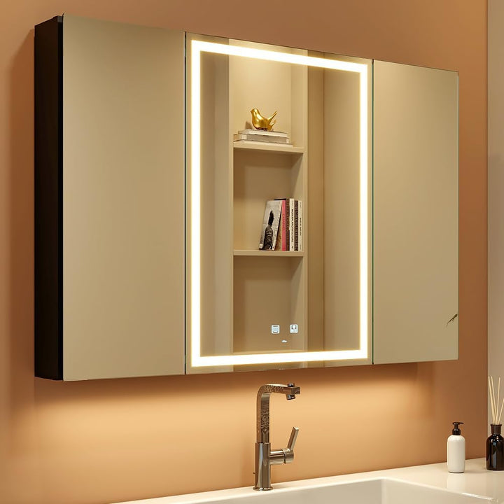 50 X 70 Cm LED Lighted Bathroom Medicine Cabinet with Mirror, Defogger, Dimmer, 3 Color Light Makeup Mirror, Easy to Install, Wall Mounted Medicine Cabinet without Socket & Usbs