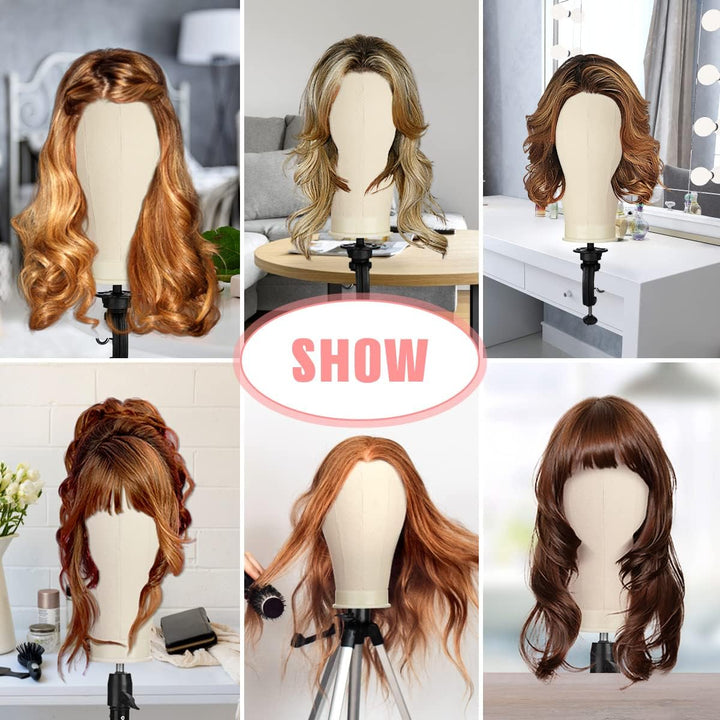 23 Inch Canvas Mannequin Head Block for Wig Making & Display, Tripod Stand with Wig Caps, T & C Pins Set, Bristle Brush
