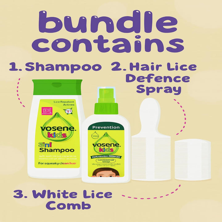 Vosene Head Lice Repellent Bundle Kit | 3-In-1 Head Lice Repellent Shampoo (250Ml) | Conditioning Defence Spray (150Ml) | Lice Comb with & without Handle 2PC, Natural Head Lice Treatment for Children