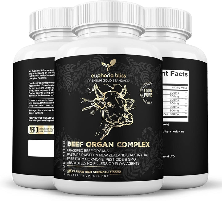 Premium Beef Organs Complex - 120 Capsules Freeze Dried Liver | Heart | Kidney | Pancreas | Spleen | Intestine | Tripe/Stomach | No Hormones, Antibiotics or GMO