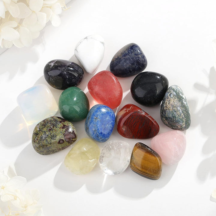0.55Lb Healing Crystals Gemstones Set Polished Gems Stones for Kids Decorative Coloured Tumbled Bulk Chakra Spiritual Reiki Divination Meditation Rock Stone 15PCS