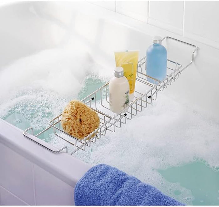 Extendable Bath Tub Rack Bridge Scratch-Proof Storage Tray Caddy with Chrome Finish 66.6 X 13.4 X 7.4 Cm