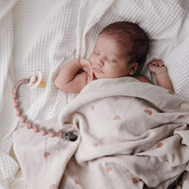 Dummy Clips Boys Girls Silicone Soother Pacifier Chain Flexible Binky Holder Set with Texture for Teething Baby Unisex Newborn Dummies 1-Piece Design(Quartz Pink)